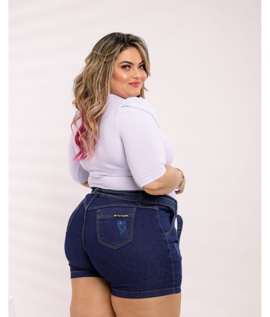 Short Jeans Feminino Plus Size Com Lycra Cintura Alta Dark