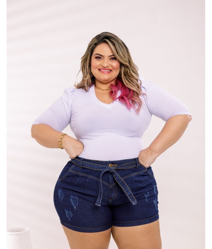 Short Jeans Feminino Plus Size Com Lycra Cintura Alta Dark