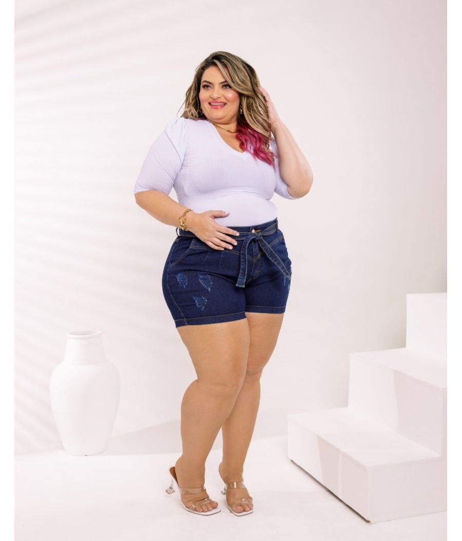 Short Jeans Feminino Plus Size Com Lycra Cintura Alta Dark