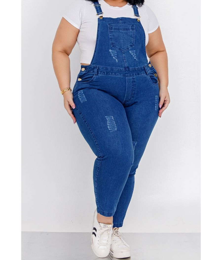 Jardineira Calça Jeans Feminina Plus Size Com Lycra Cintura Alta 