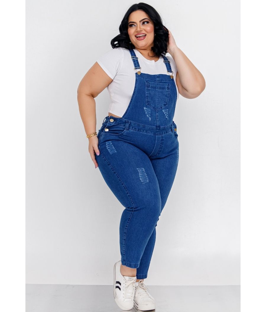 Jardineira Calça Jeans Feminina Plus Size Com Lycra Cintura Alta 