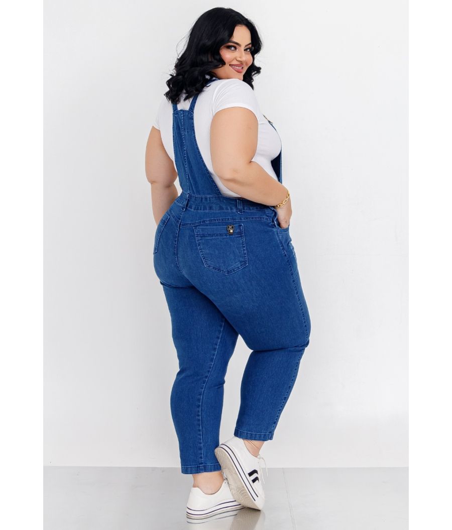 Jardineira Calça Jeans Feminina Plus Size Com Lycra Cintura Alta 