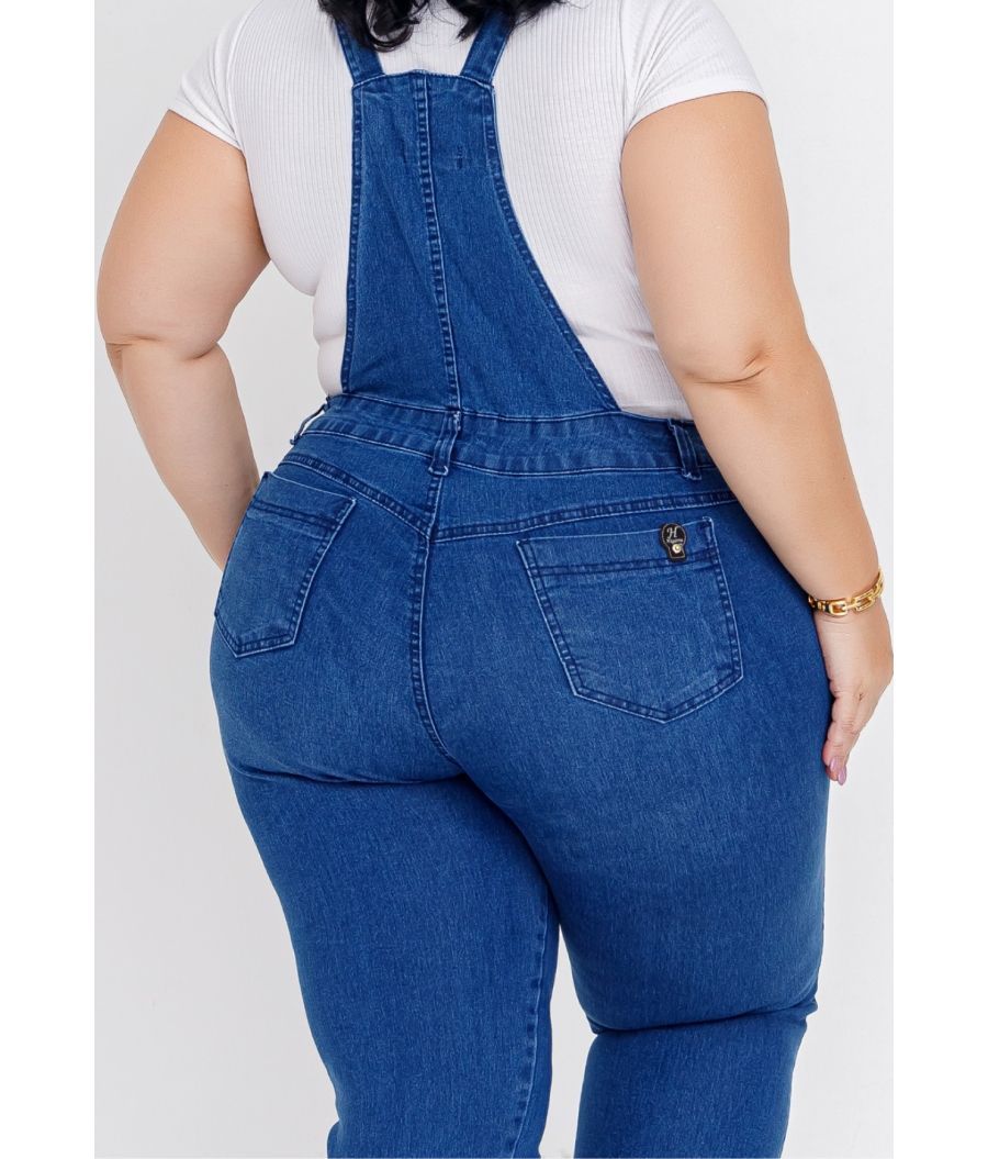 Jardineira Calça Jeans Feminina Plus Size Com Lycra Cintura Alta 