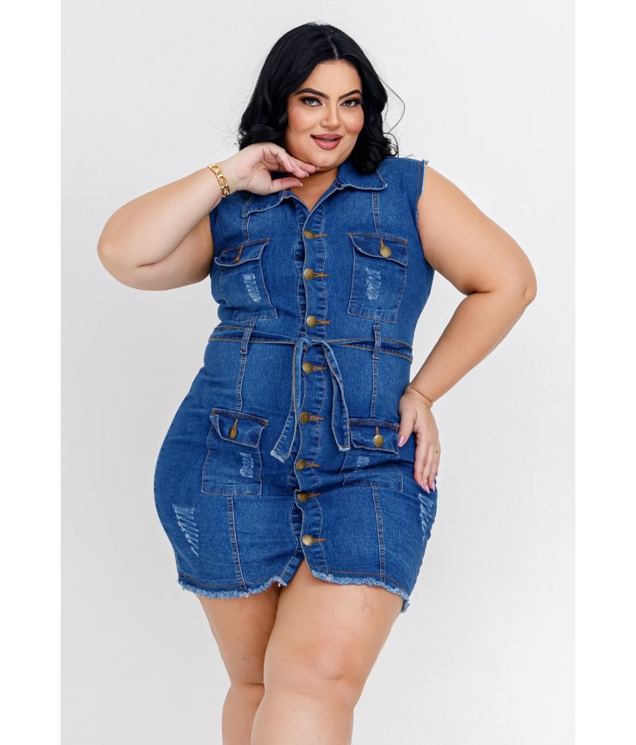 Vestido Jeans Feminino Plus Size Cintura Alta Com Cinto