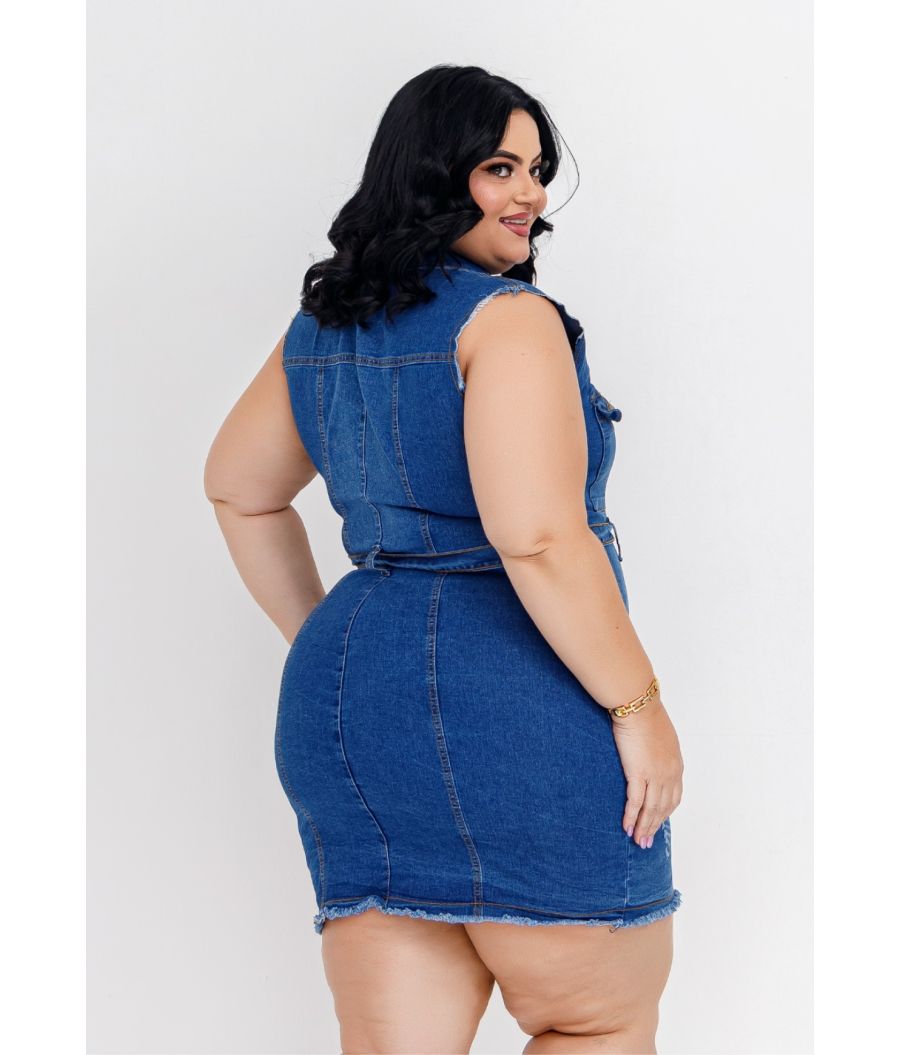 Vestido Jeans Feminino Plus Size Cintura Alta Com Cinto