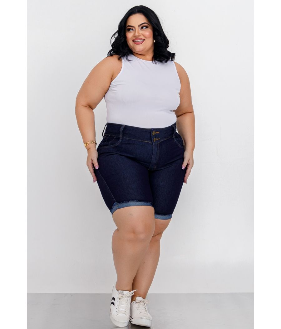 Short Jeans Feminino Plus Size Com Lycra Cintura Alta DARK