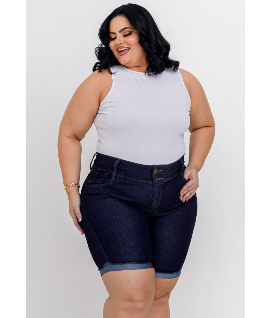 Short Jeans Feminino Plus Size Com Lycra Cintura Alta DARK