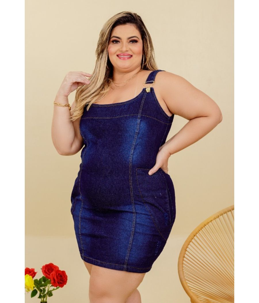 Vestido Jeans Feminino Plus Size Cintura Alta Com Cinto
