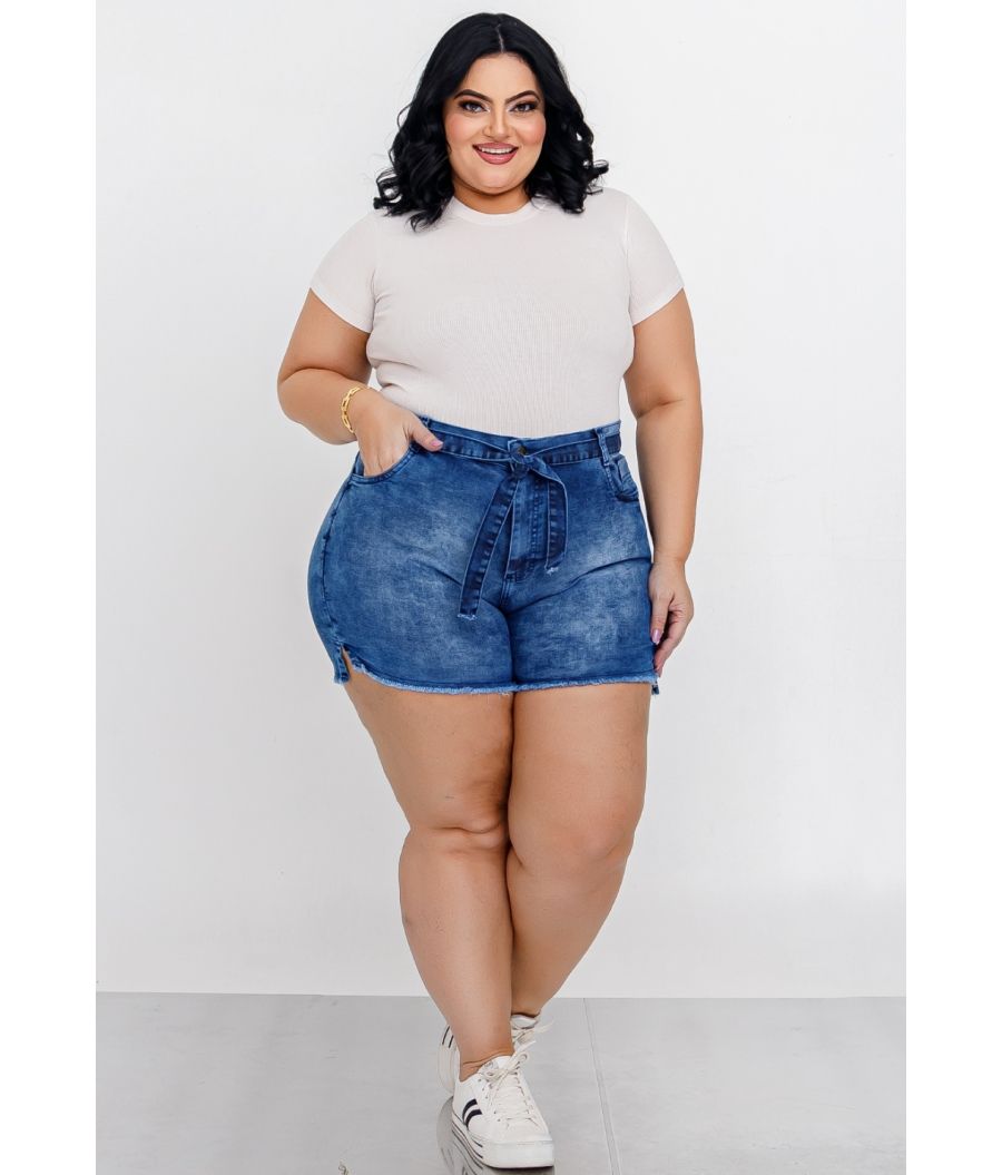 Short Jeans Feminino Plus Size Com Lycra Cintura Alta