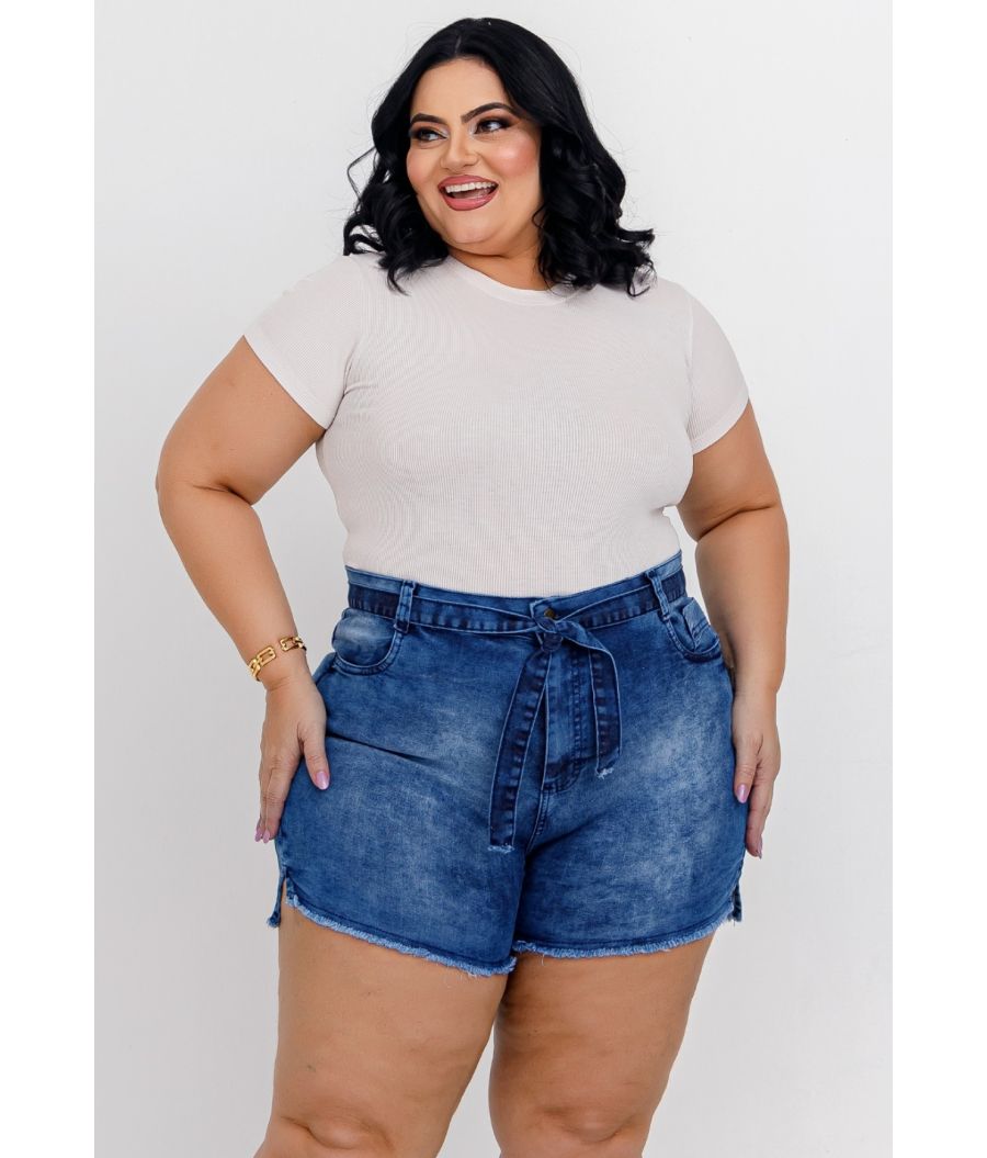 Short Jeans Feminino Plus Size Com Lycra Cintura Alta