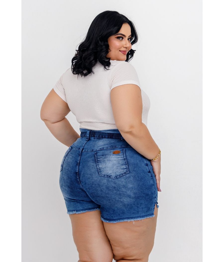 Short Jeans Feminino Plus Size Com Lycra Cintura Alta