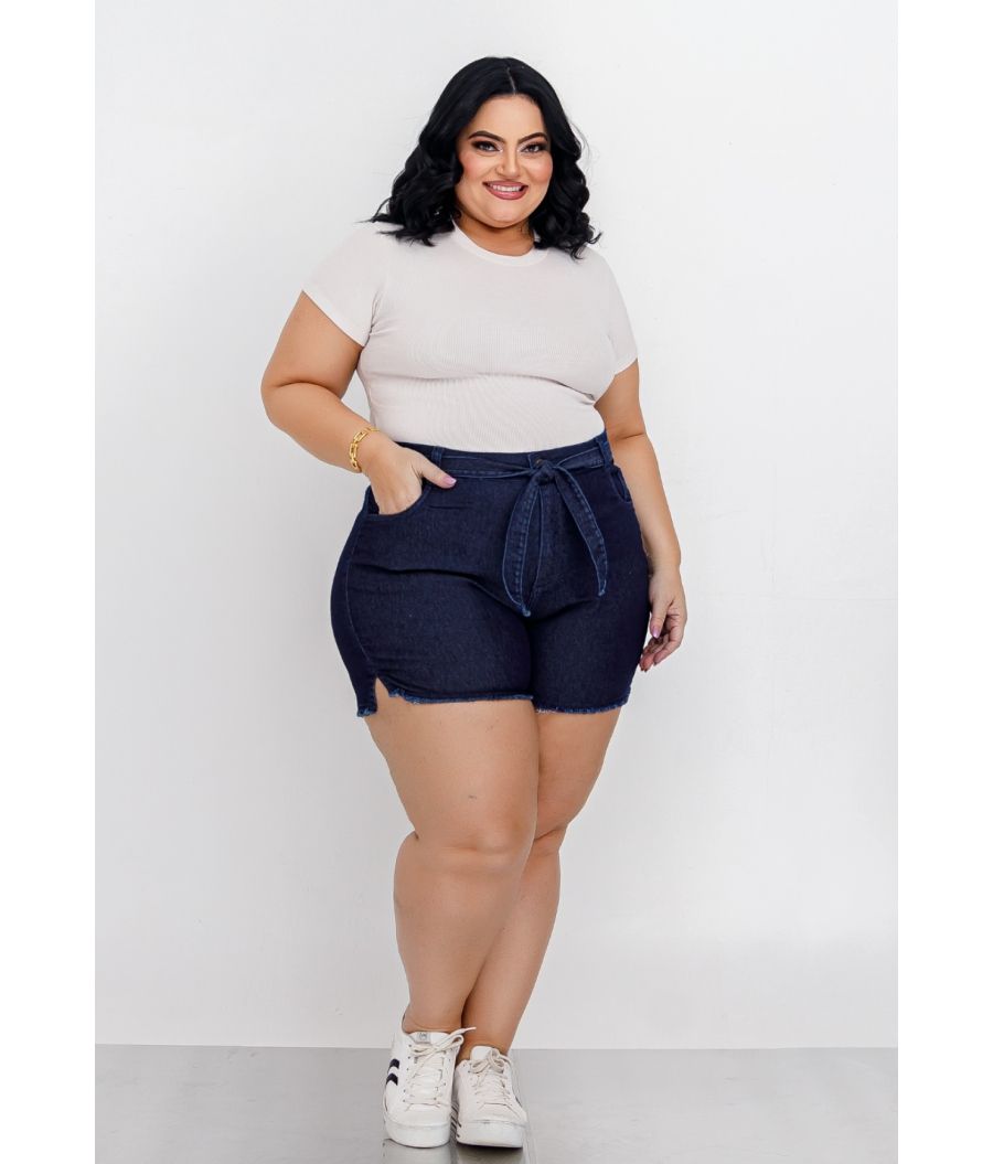 Short Jeans Feminino Plus Size Com Lycra Cintura Alta