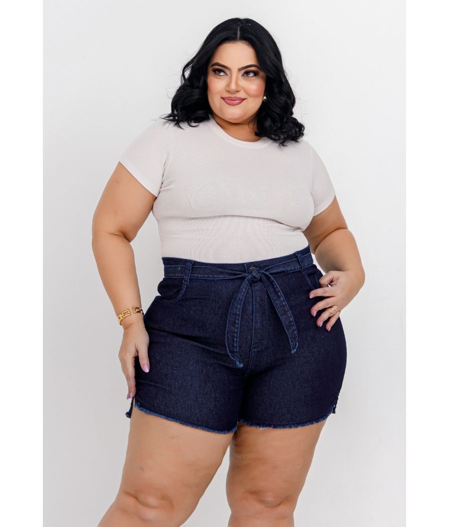 Short Jeans Feminino Plus Size Com Lycra Cintura Alta