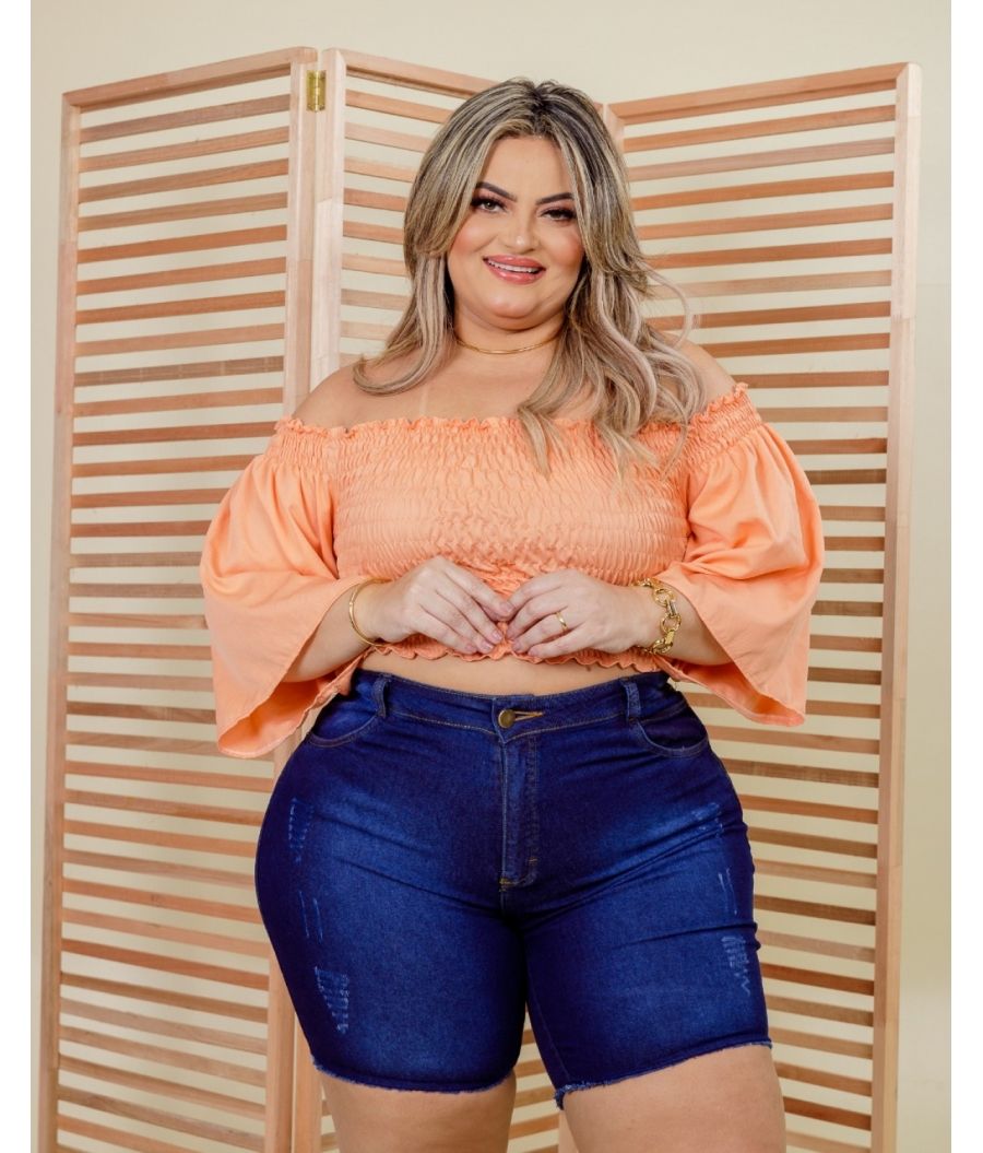 Short Jeans Feminino Plus Size Com Lycra Cintura Alta