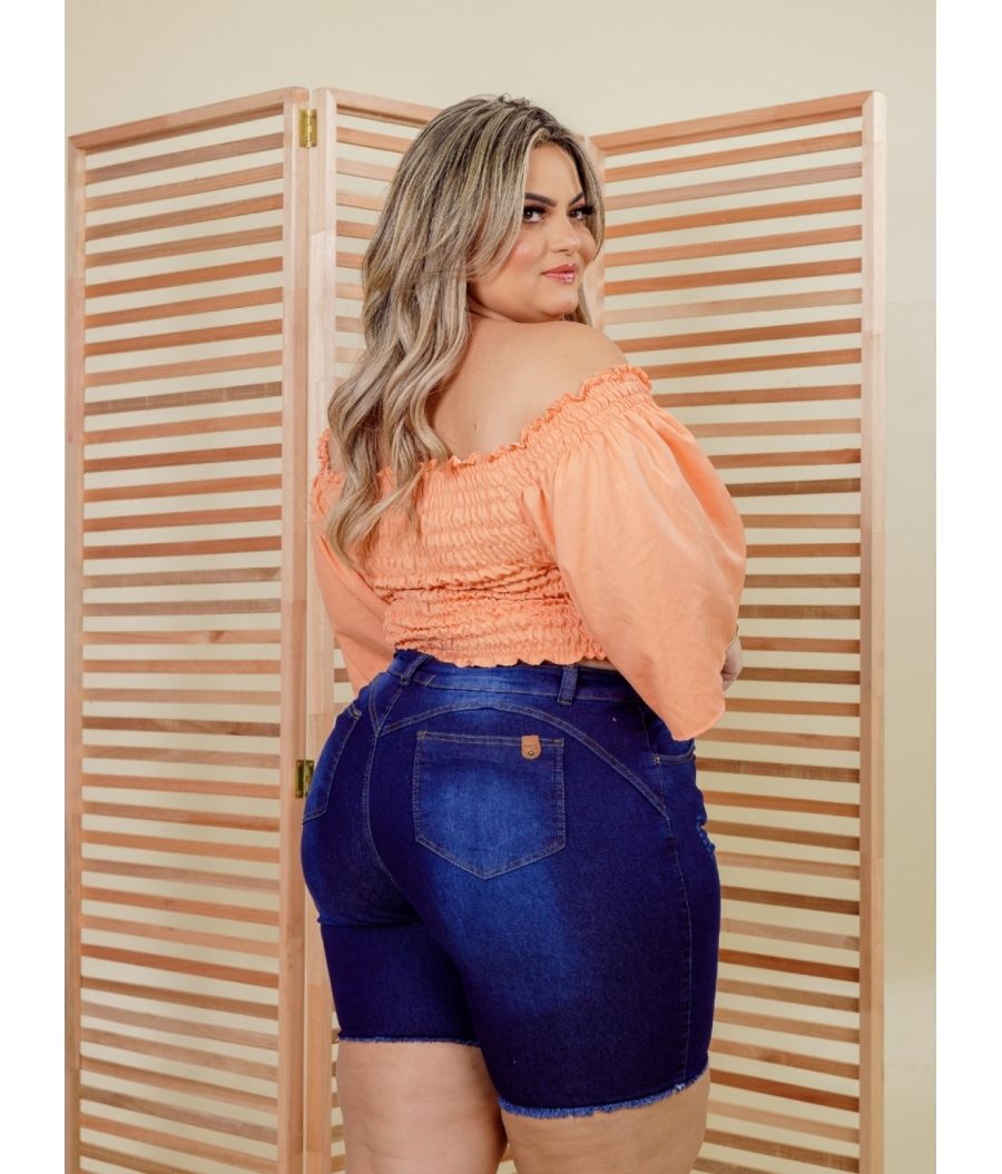 Short Jeans Feminino Plus Size Com Lycra Cintura Alta