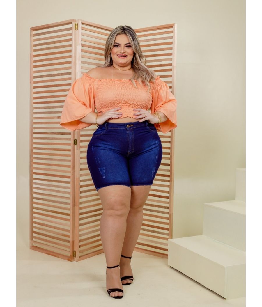 Short Jeans Feminino Plus Size Com Lycra Cintura Alta