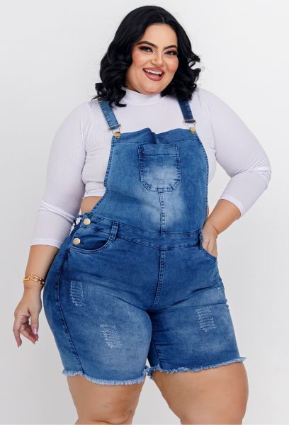 Jardineira Jeans Feminina Plus Size Com Lycra Cintura Alta Clara em PELOTAS RS
