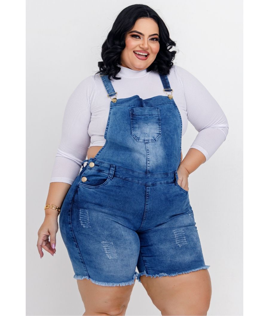 Jardineira Jeans Feminina Plus Size Com Lycra Cintura Alta Clara
