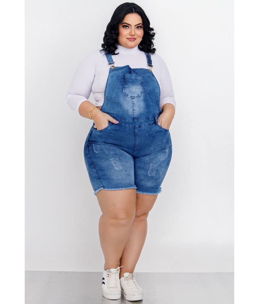 Jardineira Jeans Feminina Plus Size Com Lycra Cintura Alta Clara