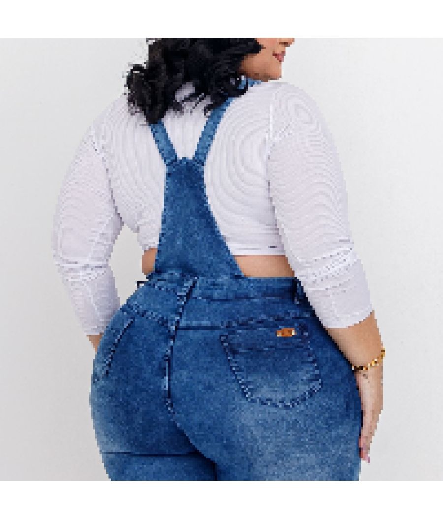 Jardineira Jeans Feminina Plus Size Com Lycra Cintura Alta Clara
