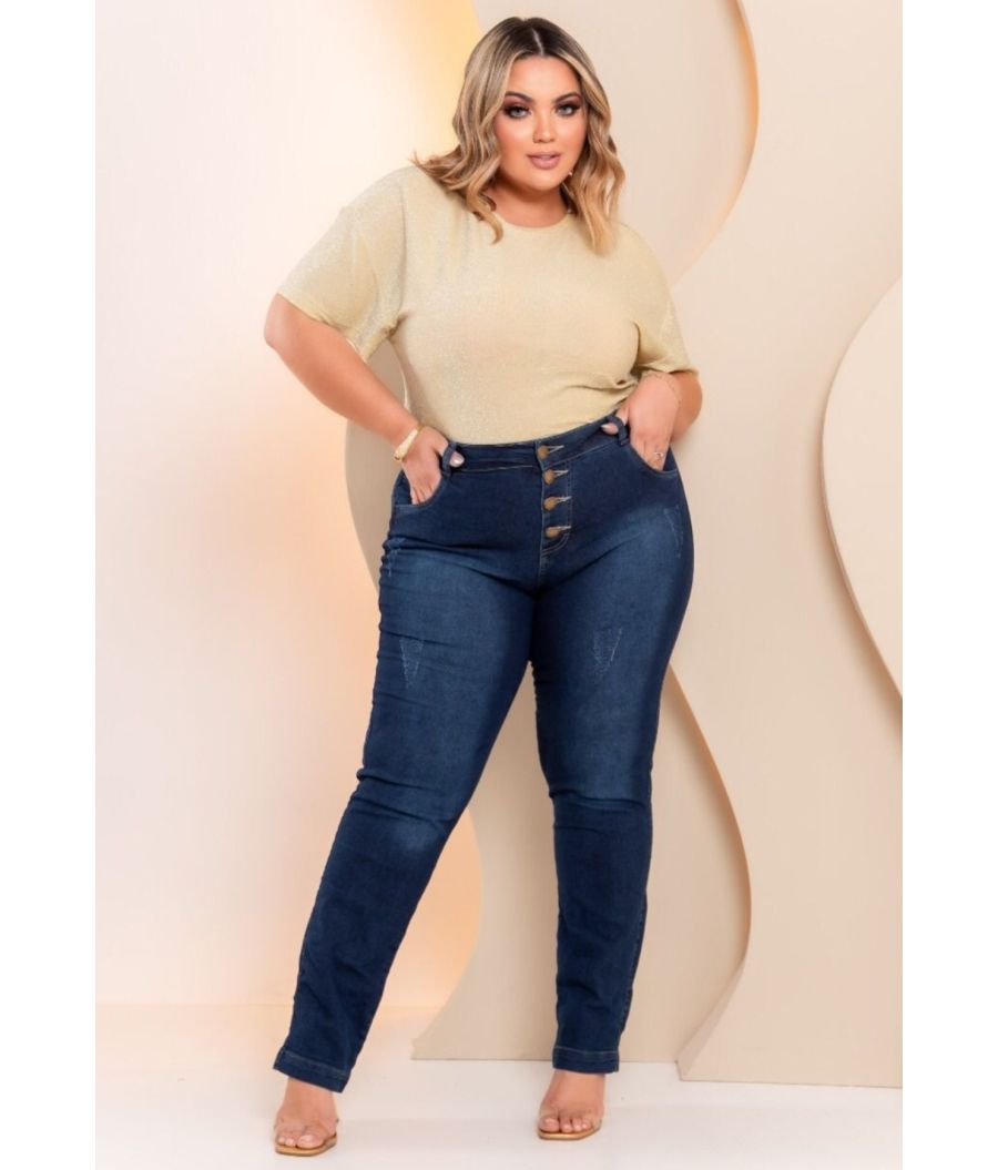 Calça Jeans Feminina Plus Size Skinny Cintura Alta Dark