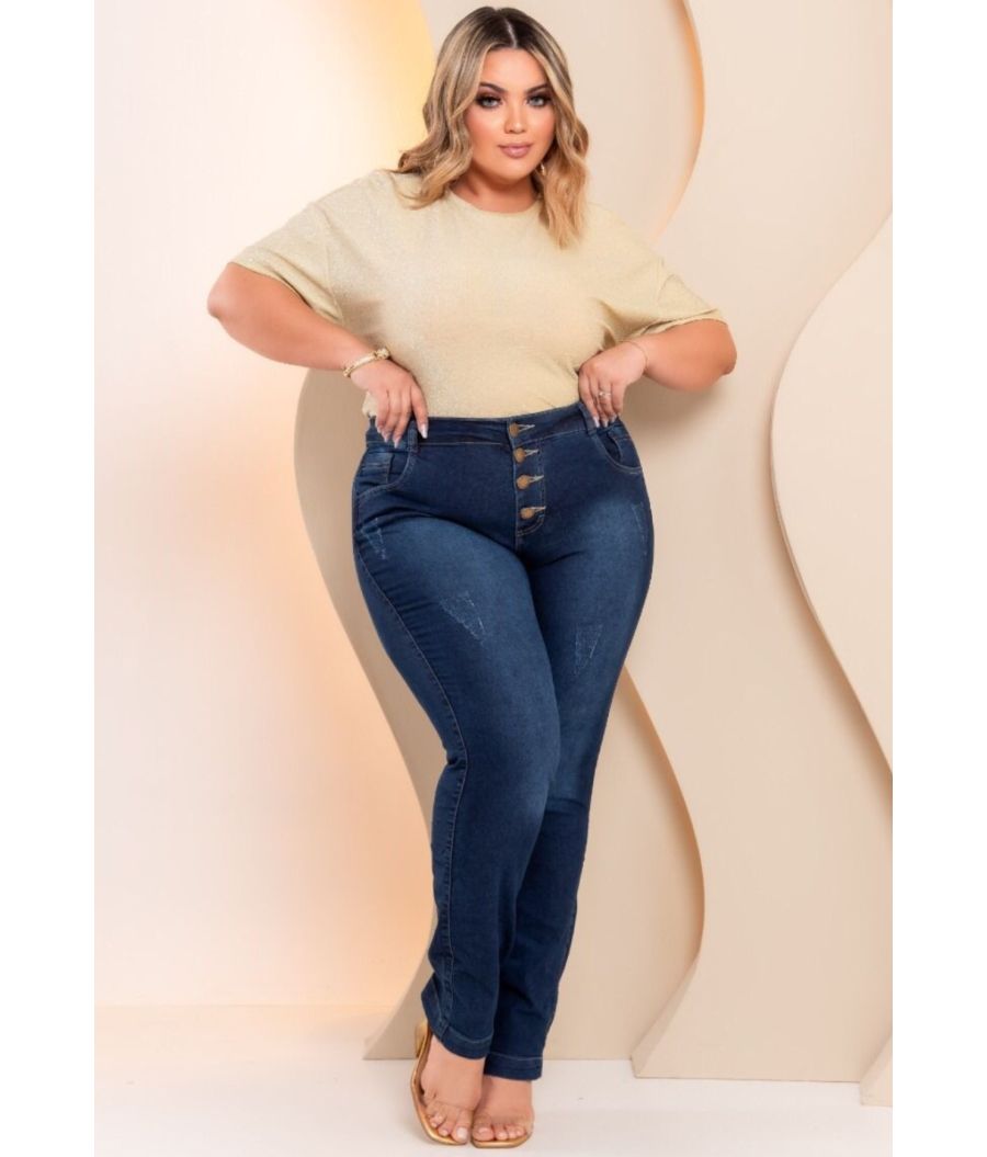 Calça Jeans Feminina Plus Size Skinny Cintura Alta Dark