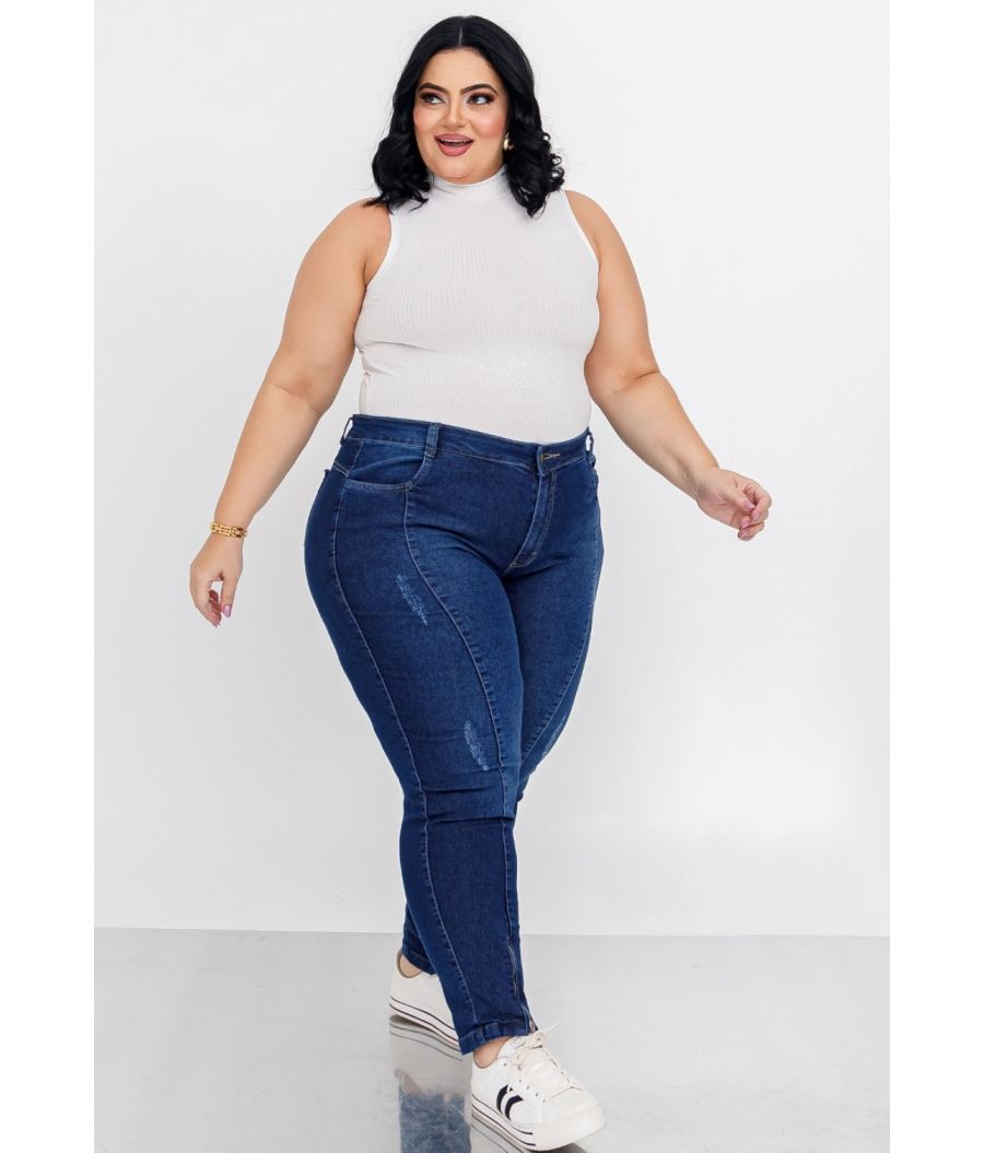 Calça Jeans Feminina Plus Size Skinny Cintura Alta Zíper