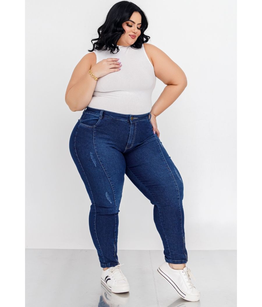 Calça Jeans Feminina Plus Size Skinny Cintura Alta Zíper