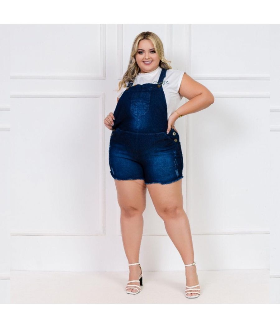 Jardineira Jeans Plus Size Com Lycra Cintura Alta Dark