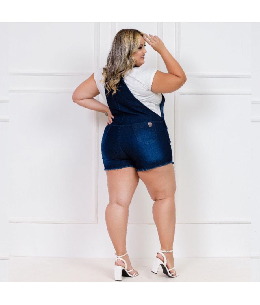 Jardineira Jeans Plus Size Com Lycra Cintura Alta Dark