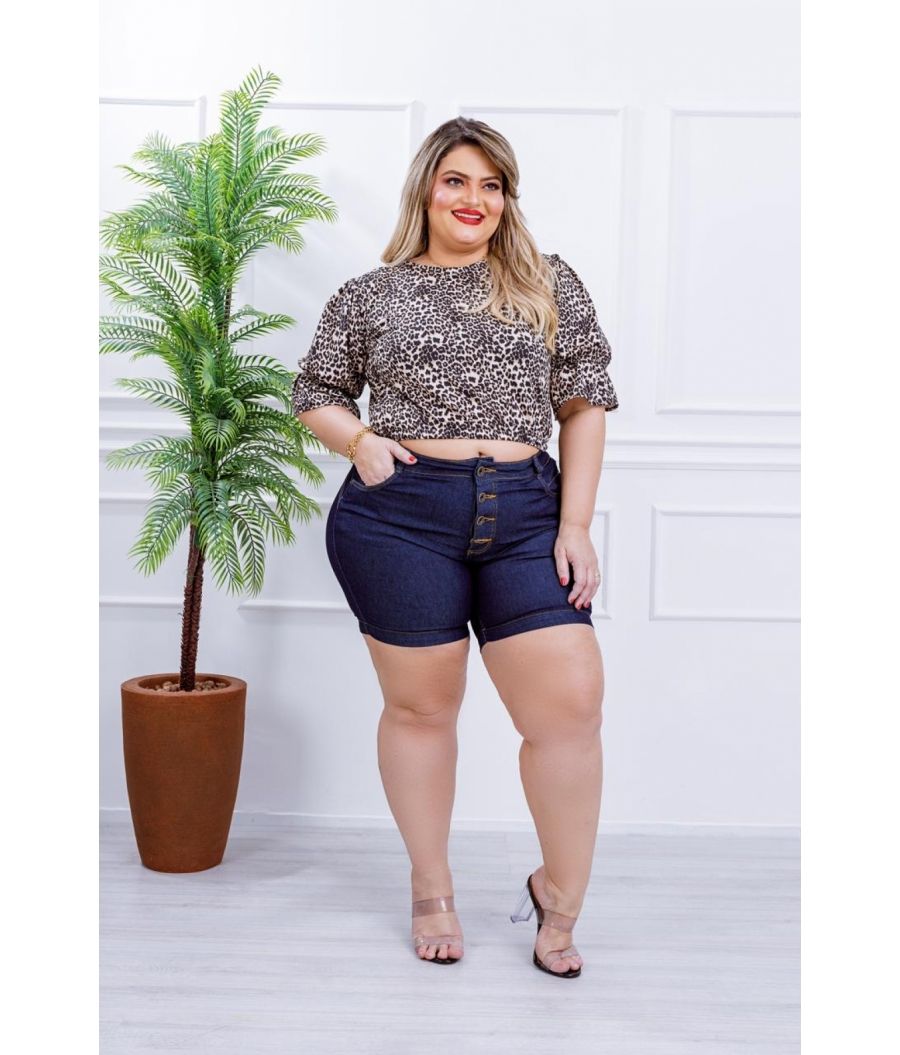 Short Jeans Feminino Plus Size Com Lycra Cintura Alta Botões