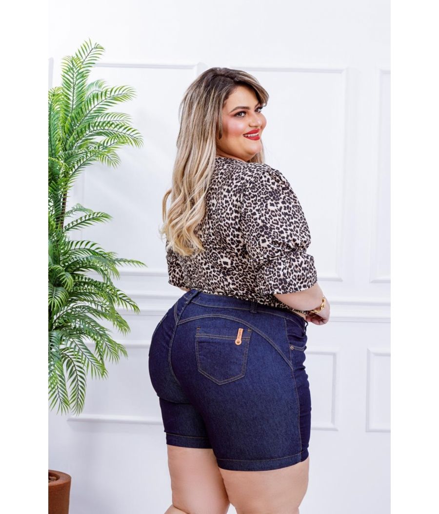Short Jeans Feminino Plus Size Com Lycra Cintura Alta Botões