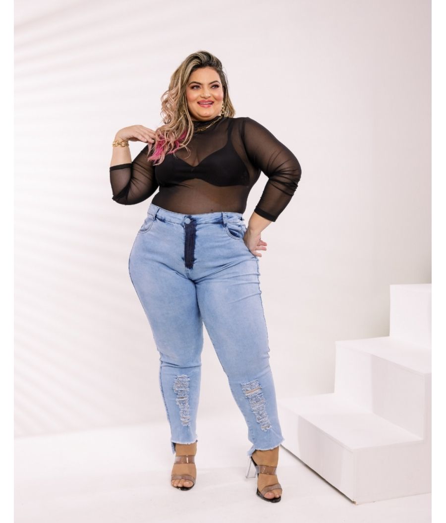 Calça Jeans Feminina Plus Size Com Lycra Destroyed