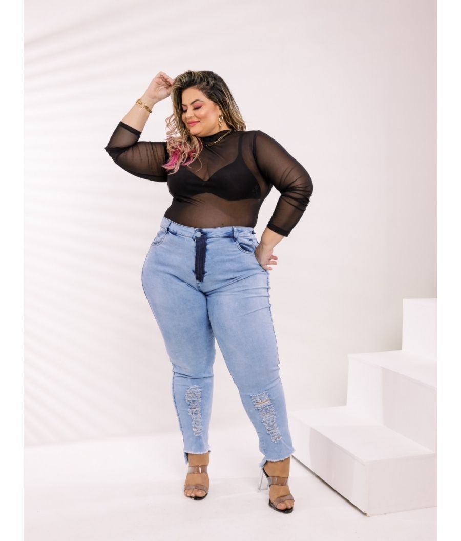 Calça Jeans Feminina Plus Size Com Lycra Destroyed