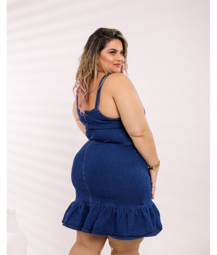Vestido Jeans Plus Size Barra Rodada Com Lycra