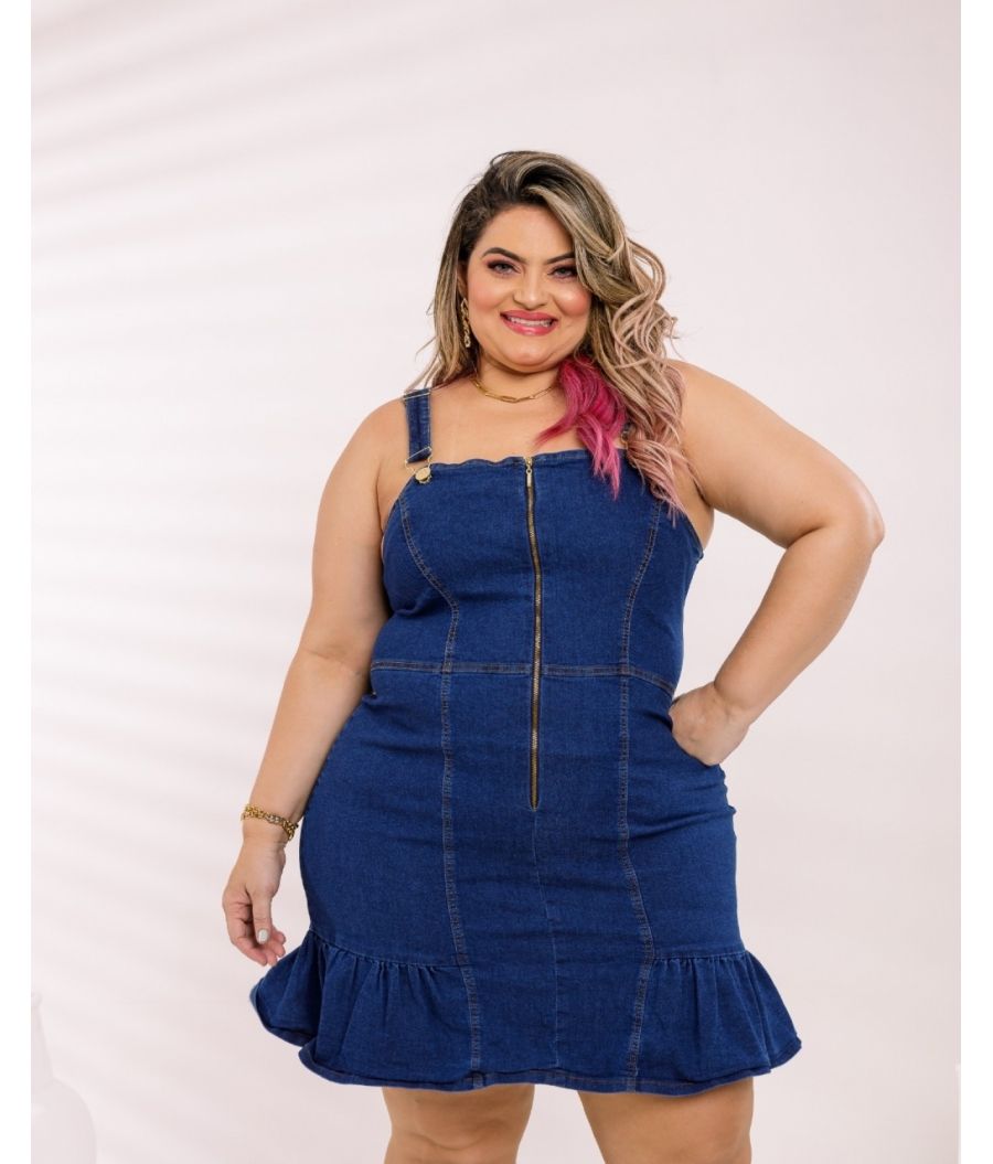 Vestido Jeans Plus Size Barra Rodada Com Lycra