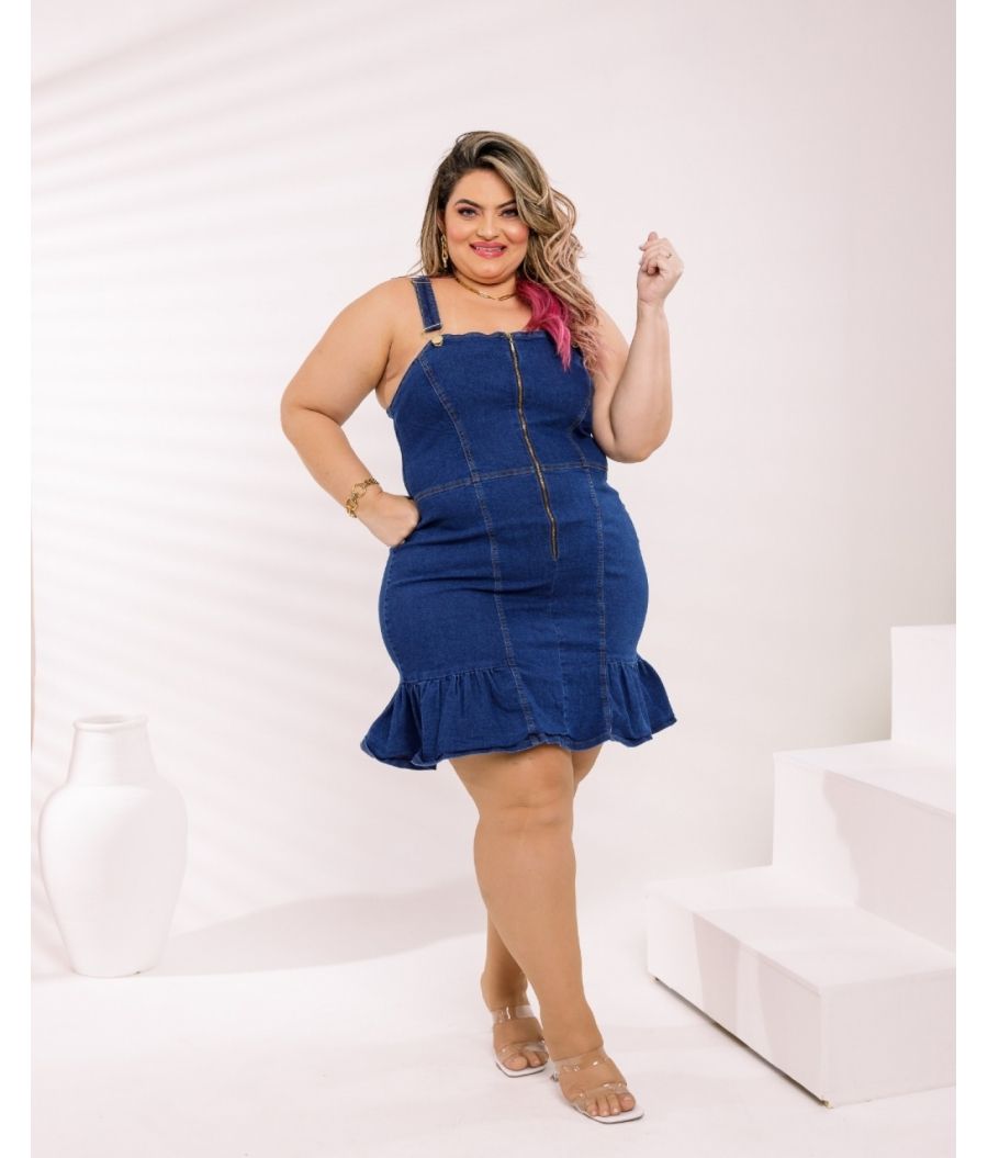 Vestido Jeans Plus Size Barra Rodada Com Lycra