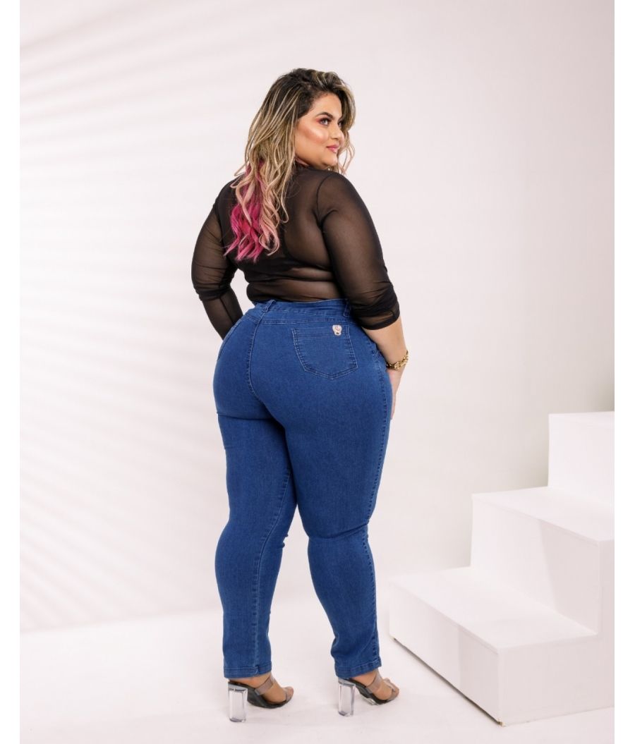 Calça Jeans Feminina Plus Size Cintura Alta Com Lycra Levanta Bumbum