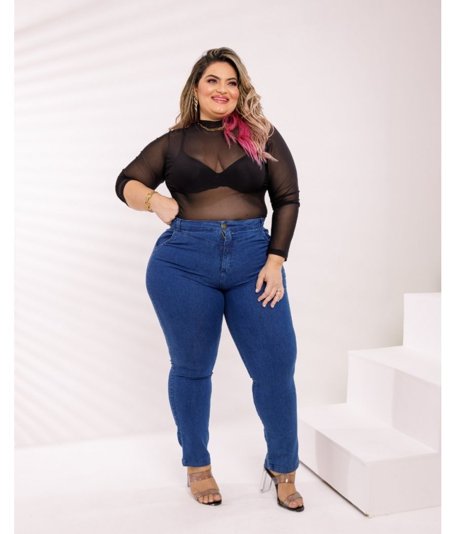 Calça Jeans Feminina Plus Size Cintura Alta Com Lycra Levanta Bumbum