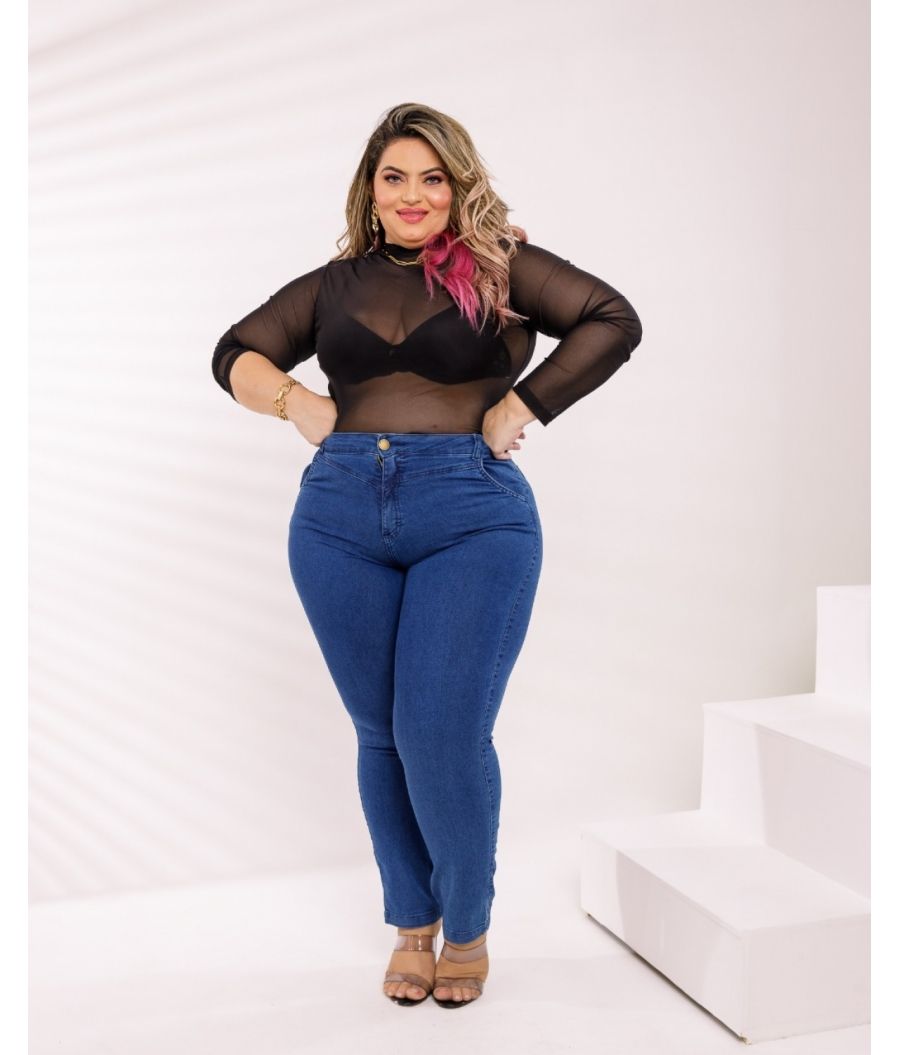 Calça Jeans Feminina Plus Size Cintura Alta Com Lycra Levanta Bumbum