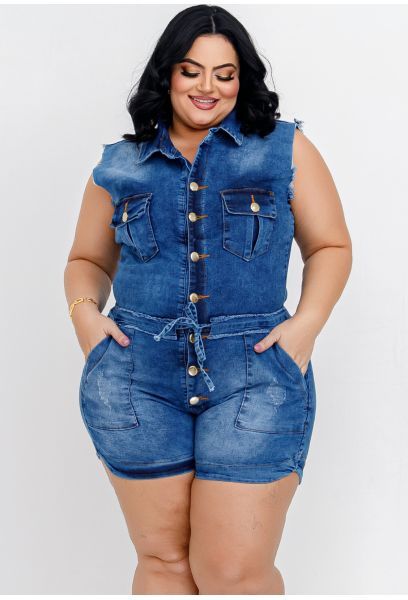 Macaquinho Jeans Plus Size Com Cinto Embutido em PASSO FUNDO RS