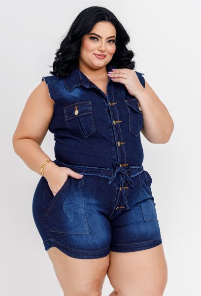 Macaquinho Jeans Plus Size Com Cinto Embutido Escuro em RIO VERDE GO