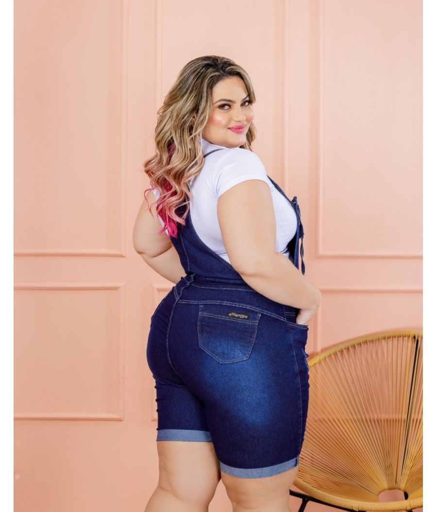 Jardineira Jeans Salopete Feminina Plus Size Com Lycra Cintura Alta Escura