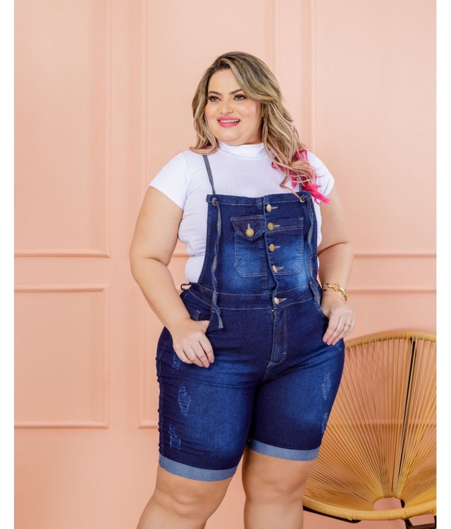 Jardineira Jeans Salopete Feminina Plus Size Com Lycra Cintura Alta Escura
