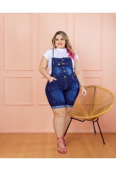 Jardineira Jeans Salopete Feminina Plus Size Com Lycra Cintura Alta Escura em PELOTAS RS