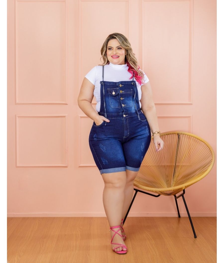 Jardineira Jeans Salopete Feminina Plus Size Com Lycra Cintura Alta Escura