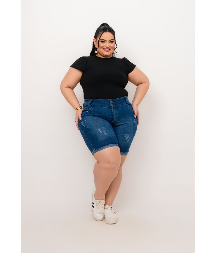 Short Jeans Pedal Feminino Plus Size Com Lycra Cintura Alta DARK