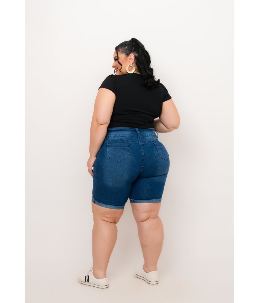 Short Jeans Pedal Feminino Plus Size Com Lycra Cintura Alta DARK