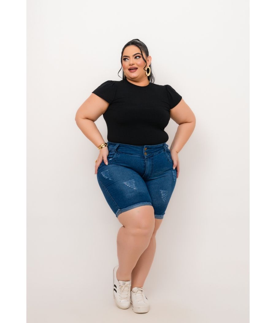 Short Jeans Pedal Feminino Plus Size Com Lycra Cintura Alta DARK
