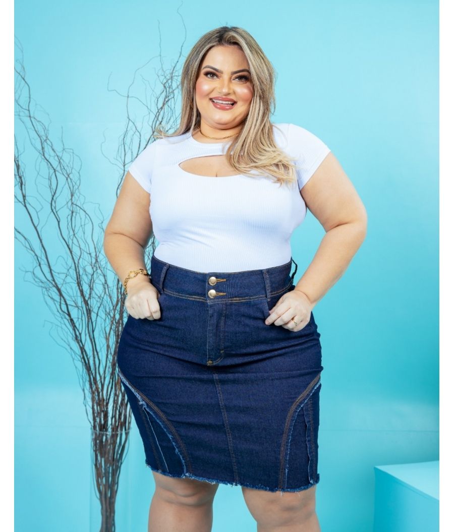 Saia Jeans Feminina Plus Size Com Lycra Cintura Alta Escura Trabalhada